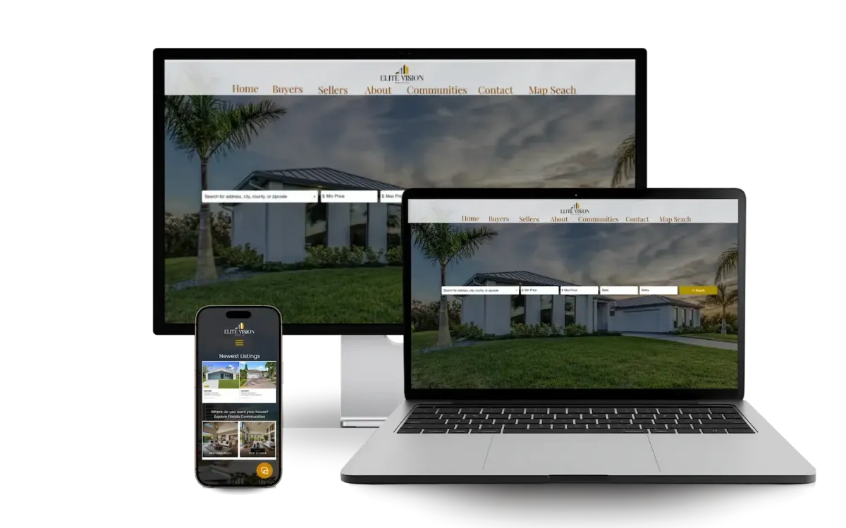 Real estate website on laptop, desktop and phone