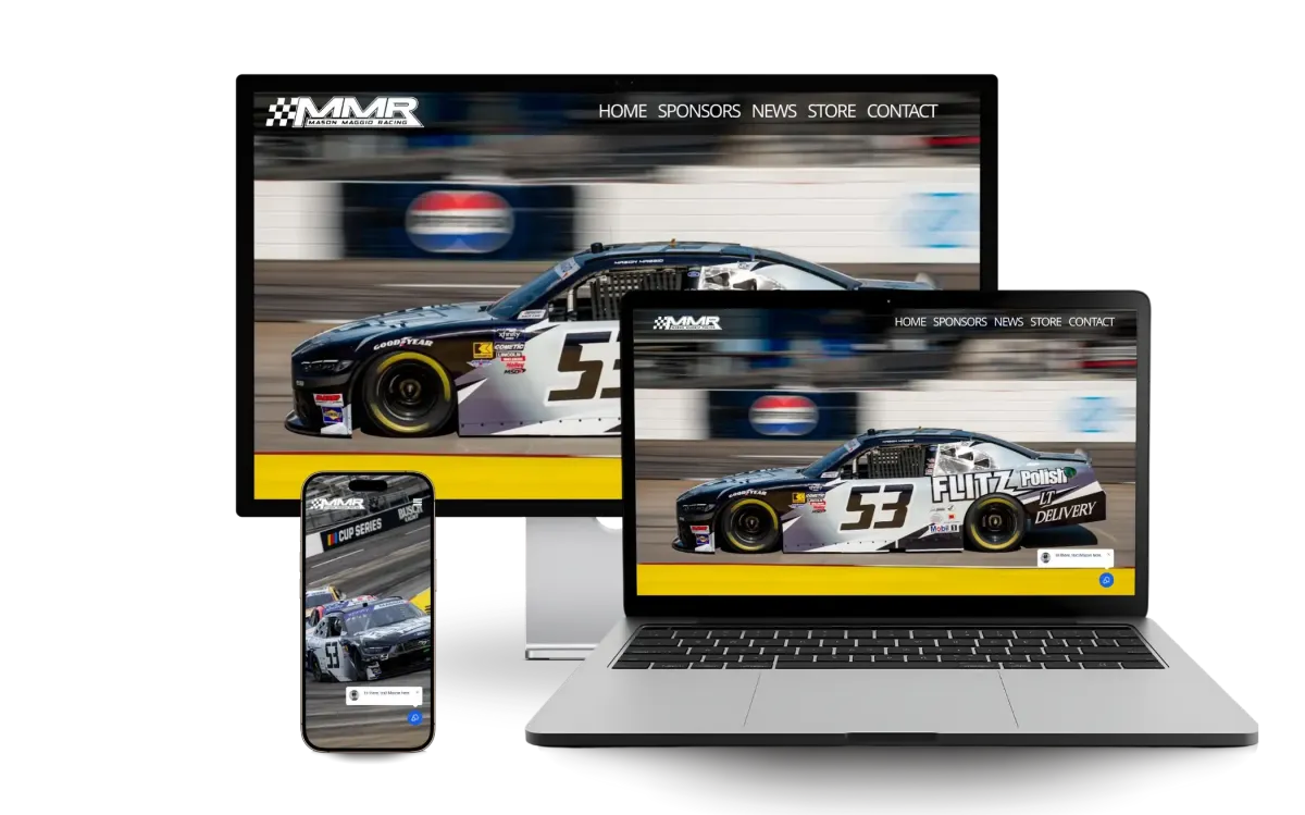 Racing team website on laptop, desktop and phone