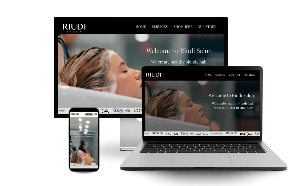 Salon website on laptop, desktop and phone